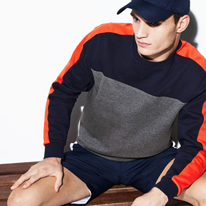 Men's Gray <b>Navy</b> Orange Color Blocking Crew Neck Pullover <b>Sweatshirt</b> Regular Fit Casual Knitted Winter Wear Custom Logo 350g - Product Image 4