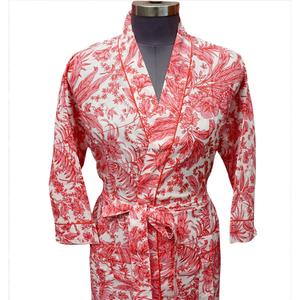Indian Handmade Floral Printed Long Robe Three Quarter Sleeve V-Neck Full Length Soft Knitted 100% Cotton <b>Belt</b> Closure Sleepwear - Product Image 3