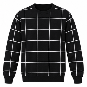 เสื้อสเวตเตอร์คอกลมลายตารางสีดำสำหรับผู้ชาย ผ้าฝ้ายถัก สไตล์ลำลอง สตรีทแวร์ - Product Image 1