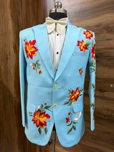 Costume Western brodé bleu ciel pour homme – Ensemble blazer de mariage de créateur à motifs floraux avec nœud papillon pour le marié et les tenues de soirée - Product Image 3