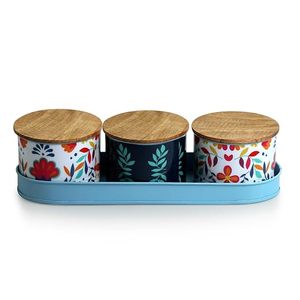 Floral Metal Spice <b>Containers</b> With Wooden Lids Airtight Food <b>Storage</b> Set <b>For</b> <b>Kitchen</b> Use - Product Image 2