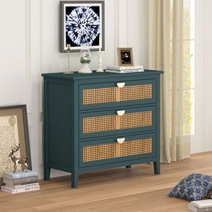Armoire moderne en bois massif à 3 tiroirs avec façade en rotin naturel tressé pour chambre à coucher, salon, bureau - Product Image 1