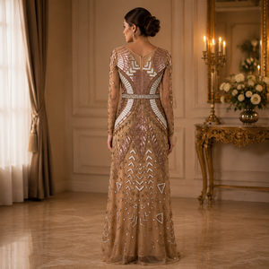 Women Champagne Gold Beaded <b>Sequin</b> Evening Gown V Neck Sheer Long Sleeve Embellished Net Maxi Dress Formal Wedding Prom Party - Product Image 4