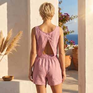 Women Vintage <b>Linen</b> Backless Co-Ord Set Sleeveless Crop <b>Top</b> and Elastic Waist Shorts with Hole Detail ODM Summer Outfit - Product Image 5