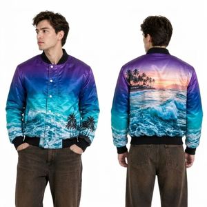 Blouson Bomber en Satin Polyester Brillant Léger à Tricot Côtelé, Motif Galaxie Cosmique Bleue, Style Moderne, Veste de Plage - Product Image 2