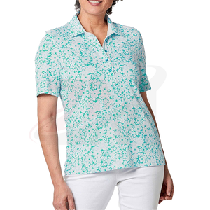 Polo pour femme à imprimé floral, manches courtes, bleu clair et blanc, tissu tricoté décontracté, respirant, longueur normale - Product Image 1