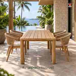 Mesa de Comedor Moderna de Madera de Teca Sólida para Exteriores, con Tablero de Listones, Rectangular, para Jardín, Patio, Villa, Resort, Hotel, Restaurante - Product Image 6
