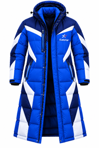 Abrigo Largo de Invierno Personalizado para Hombre con Capucha, Chaqueta Acolchada con Bloques de Color Azul y Blanco, Abrigo Cálido para Exteriores, Proveedor Mayorista - Product Image 3