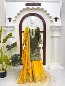 Nuevo Conjunto de Diseño con Bordado Intrincado en Crepé Natural, Reversible y Elástico, con Top, Pantalón y Dupatta hasta la Rodilla, Ideal para Fiestas - Product Image 1