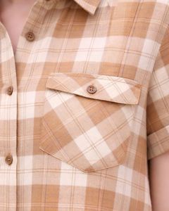 Chemise boutonnée à manches courtes pour femme, à carreaux beige et marron, décontractée, légère, respirante, avec poche, pour l'été - Product Image 5