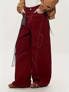 American Street-style <b>Burgundy</b> Wide-leg <b>Jeans</b> Are Simple Stylish Casual And Versatile with Contrast Stitching Decoration - Product Image 5