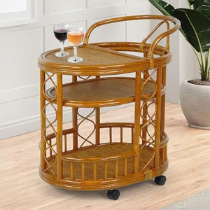 Chariot de service artisanal en rotin naturel tressé avec roulettes, entièrement assemblé, couleur coloniale - Product Image 1