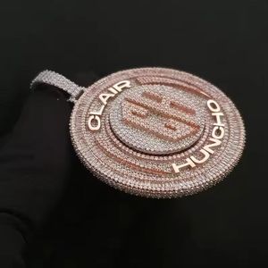 Collar con Colgante Redondo de Plata de Ley 925 con Baño de Oro Rosa y Logotipo Personalizado, Joyería Hip Hop con Micro Pavé de Diamantes CZ - Product Image 1