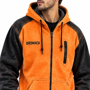 Men Custom Full Zip Fleece <b>Hoodie</b> With Hood And Contrast Sleeves OEM Manufacturer <b>Soft</b> Fabric Custom OEM & Private Label - Product Image 5