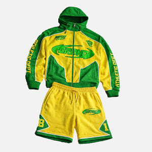 Ensemble court personnalisé imprimé numériquement en patchwork, 100 % coton molletonné, avec sweat à capuche zippé, ensemble de survêtement brodé, logo streetwear - Product Image 3