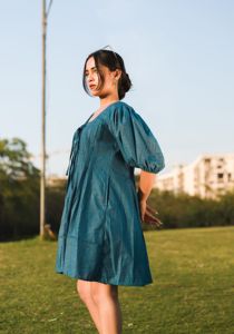 <b>Boho</b> Loose Midi <b>Dress</b> With Tie Neck Puff Sleeve 100% Linen Woven Solid Color Breathable Daily Wear <b>Summer</b> Casual <b>Dress</b> - Product Image 4