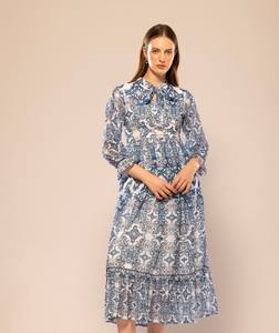 Vestido Largo Azul Estampado de Manga Larga, Diseño de Moda, Vestido Casual de Fiesta para Mujer, Disponible a Precio de Mayoreo - Product Image 1