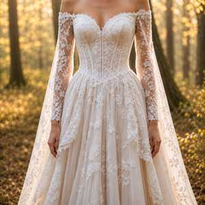 Vestido de Novia Moderno con Encaje Floral en los Hombros, Corsé, Mangas Largas Transparentes, Falda de Tul en Capas, Cola Catedral, Ecológico - Product Image 2