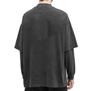 เสื้อยืดโอเวอร์ไซส์สีดำวินเทจฟอกยีนส์แบบดิสเทรสสองชั้นแขนยาวสำหรับผู้ชายสไตล์สตรีทคอกลมผ้าเจอร์ซีย์ - Product Image 3