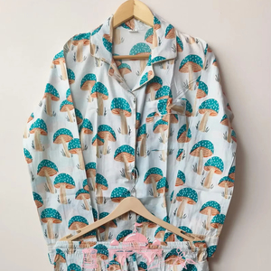 Handmade 100% Cotton Summer Mushroom Print Women's Full-Sleeve Button-<b>Down</b> Pajama Set Quick Dry Breathable Fabric Elastic Waist - Product Image 1