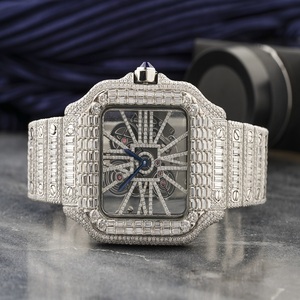 Montre squelette de luxe en argent, entièrement sertie de diamants taille baguette, avec lunette carrée, style Hip Hop affirmé - Product Image 1