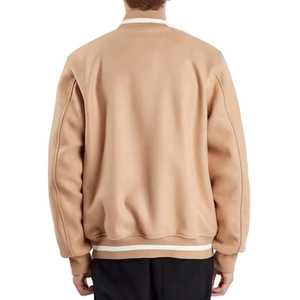 Men's Beige Varsity <b>Jacket</b> Stand Collar Single Button Closure Casual Regular Fit <b>Fleece</b> <b>Lining</b> Solid Color Winter Wear Front - Product Image 4
