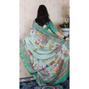 Sari en soie Tussar vert marine Elite Weaves, imprimé Pattachitra, tissé avec des fils Zari, pour femmes, 450g - Product Image 4