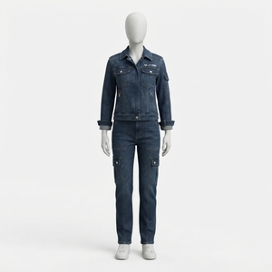 <b>Women</b> Dark Blue Denim <b>Jacket</b> And <b>Cargo</b> Jeans Set Utility Two Piece Matching Denim Outfit Casual Streetwear Fashion - Product Image 3