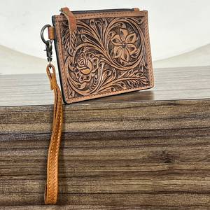 Cartera pequeña de cuero floral con cremallera, grabado floral, tarjetero para monedas y tarjetas ATM, con correa de muñeca, para uso diario, al por mayor - Product Image 2