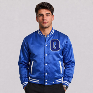 Veste de baseball en satin bleu pour homme avec lettre Q brodée, style preppy, vêtement d'automne - Product Image 1