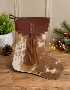 Western Style Brown Cowhide Leather <b>Christmas</b> <b>Stocking</b> with Leather Fringe and Western Cuff Decorative Tree <b>Stocking</b> for Gifts - Product Image 2