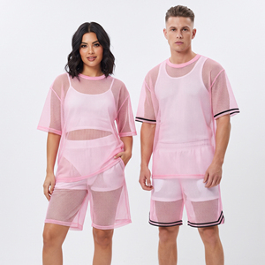Conjunto de camiseta y pantalones cortos de malla transparente unisex, lencería sexy con aberturas, conjunto de pantalones cortos ligeros de moda para verano - Product Image 6