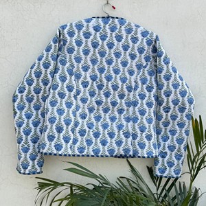 Blazer matelassé en coton imprimé floral pour femme, col en V, manches trois quarts, fermeture boutonnée, vêtement d'extérieur printemps, longueur standard - Product Image 2