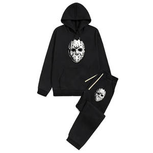 Ensemble de survêtement réversible pour homme, noir, à capuche, en polyester/coton écologique, imprimé masque de hockey, manches longues, décontracté, hiver - Product Image 1