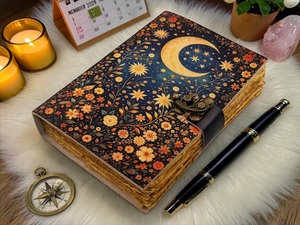 Celestial Moon Leather <b>Journal</b> Grimoire Notebook Wiccan Pagan-Crescent Moon Flower <b>Diary</b> Lock Handmade Gift 200 Sheets Herb - Product Image 4