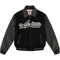 Blouson bomber noir pour homme Avirex, manches en cuir véritable, logo brodé, fermeture éclair coupe-vent, col rabattable, toile