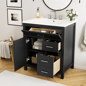 Mobile da Bagno Nero da 30 Pollici con Ampio Spazio di Stoccaggio e Lavabo in Ceramica per Bagni Piccoli - Product Image 1