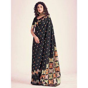 ATRACTIVO BANARASI SEDA CON ZARI TEJIDO TRABAJO SAREE CON BLUSA DESCOSADA NEGRO - Product Image 1