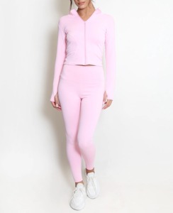 Wholesale Women's Solid Rhinestone Zip-Up <b>Long</b> <b>Sleeve</b> Gym Set with Sporty Jacket and Yoga Leggings for Workout - Product Image 6