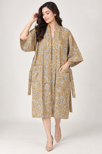 Camisón Largo Floral Ecológico Tipo Kimono para Mujer |   Bata de algodón con estampado a mano |   Cuello en V, manga larga, cierre con cordón - Product Image 4