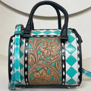 Sac à main en cuir véritable fait main pour femme, style western, avec motif à carreaux turquoise, sac Speedy et sac bandoulière, sac de voyage de créateur - Product Image 4