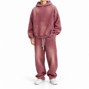 Ensemble sweat à capuche et pantalon de survêtement délavé pour homme, violet uni, coupe ample, survêtement 2 pièces, streetwear décontracté - Product Image 1