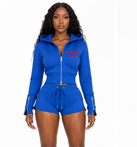 Hot Selling <b>Women</b> Athletic Crop Hoodie <b>Shorts</b> <b>Set</b> Drawstring <b>Shorts</b> Hoodie <b>Set</b> <b>Women</b> Loungewear Two Piece Zip up Cropped <b>Set</b> - Product Image 1
