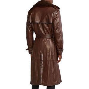 Men's Genuine Leather Trench Coat Double Breasted Long Brown Overcoat with Belt Turn-<b>down</b> Collar - Product Image 3