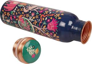 Bouteille d'eau en cuivre imprimée bleue, motif animalier forestier et floral, bouteille ayurvédique réutilisable, cadeau de voyage - Product Image 6
