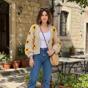 Cardigan en crochet fait main motif tournesol - Pull floral bohème, coton écologique, mode confortable pour le printemps - Product Image 3
