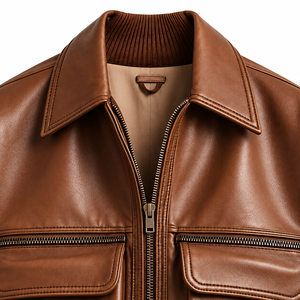 Blouson Bomber Homme Marron en Cuir Véritable Respirant Coupe Slim Col Rabattu Fermeture Éclair Manches Classiques Automne Décontracté - Product Image 3