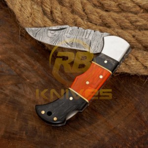 Cuchillo de Acero de Damasco con Punta Caída, Mango de Madera, Bolster de Latón, Cuchillo de Camping Plegable de 7 Pulgadas - Product Image 4