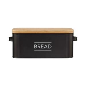 กล่องขนมปังโลหะสีดำเก๋ไก๋พร้อมฝาไม้ที่เก็บของในครัวที่หรูหราและกว้างขวางสำหรับม้วนขนมปังและสินค้าอบอื่นๆ - Product Image 1
