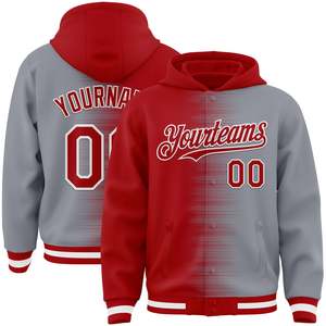 Veste de baseball personnalisée sublimée à capuche unisexe rouge et gris avec impression du nom de l'équipe, respirante, manches longues, fermeture à boutons - Product Image 1